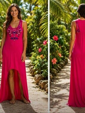 I Love Pink Embroidered Tropical Sleeveless High Low Maxi Dress NWT Medium
